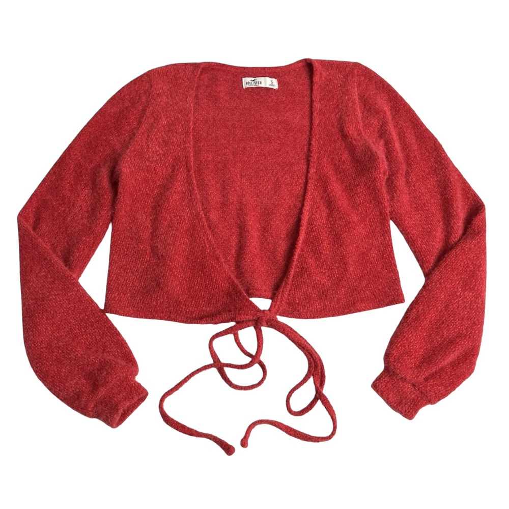 Hollister Fuzzy Cropped Cardigan Womens Small Red Tie Front Soft Girl Preppy